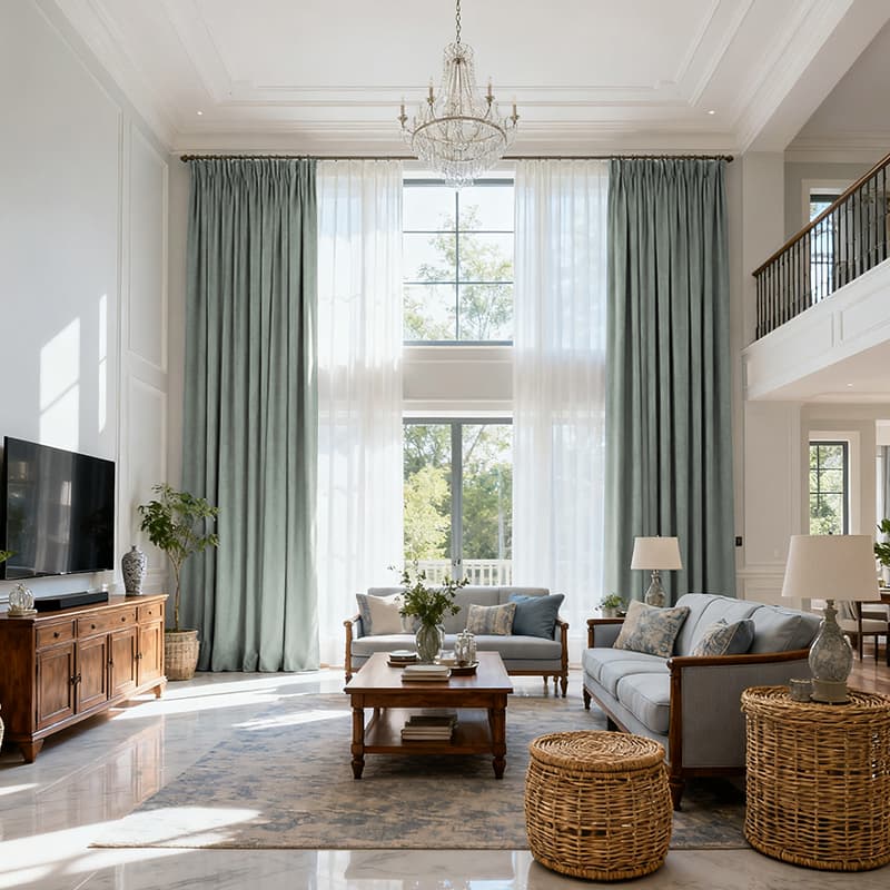 Costom Extra Long 100% Blackout Linen Curtains for Large Windows Eucalyptus Green OY6-238-11