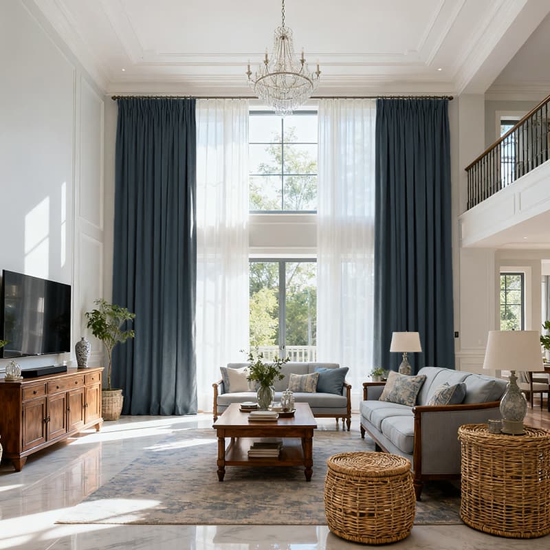Costom Extra Long 100% Blackout Linen Curtains for Large Windows Dark Navy OY6-238-22