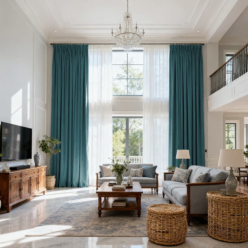 Costom Extra Long 100% Blackout Linen Curtains for Large Windows Eucalyptus Teal OY6-238-23
