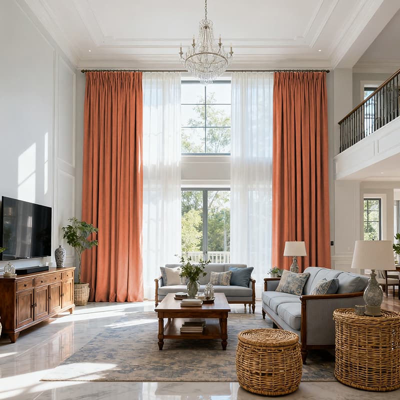 Costom Extra Long 100% Blackout Linen Curtains for Large Windows Terracotta Orange OY6-238-3